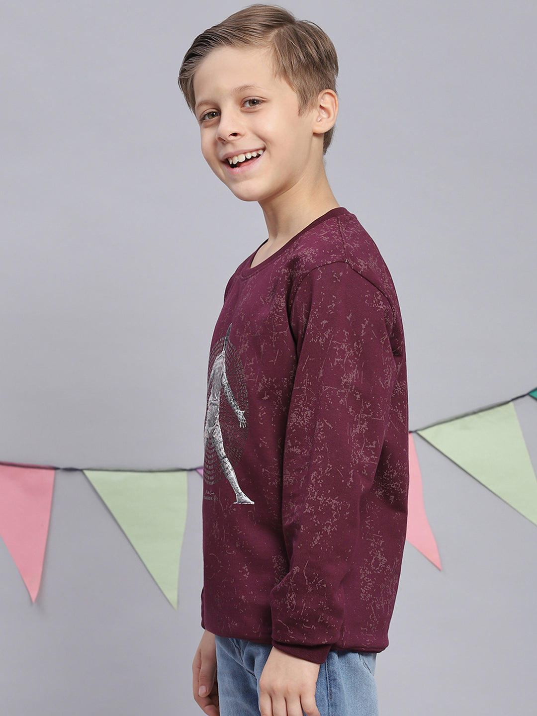 Boys Purple Printed Round Neck Full Sleeve Sweatshirt