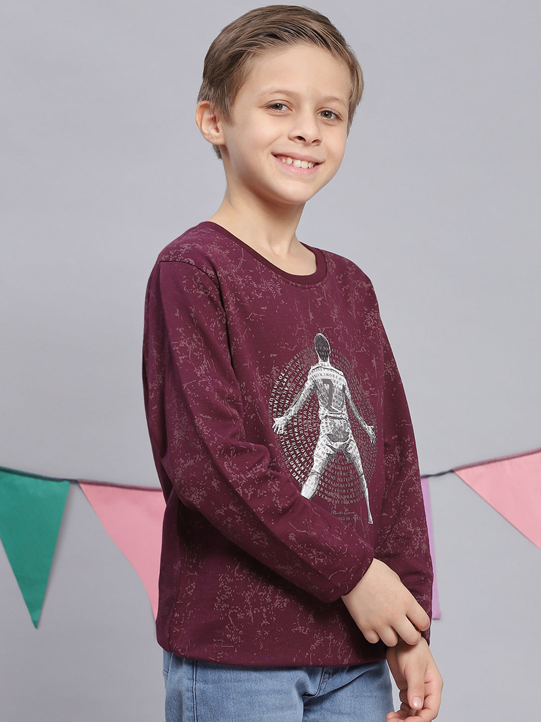 Boys Purple Printed Round Neck Full Sleeve Sweatshirt