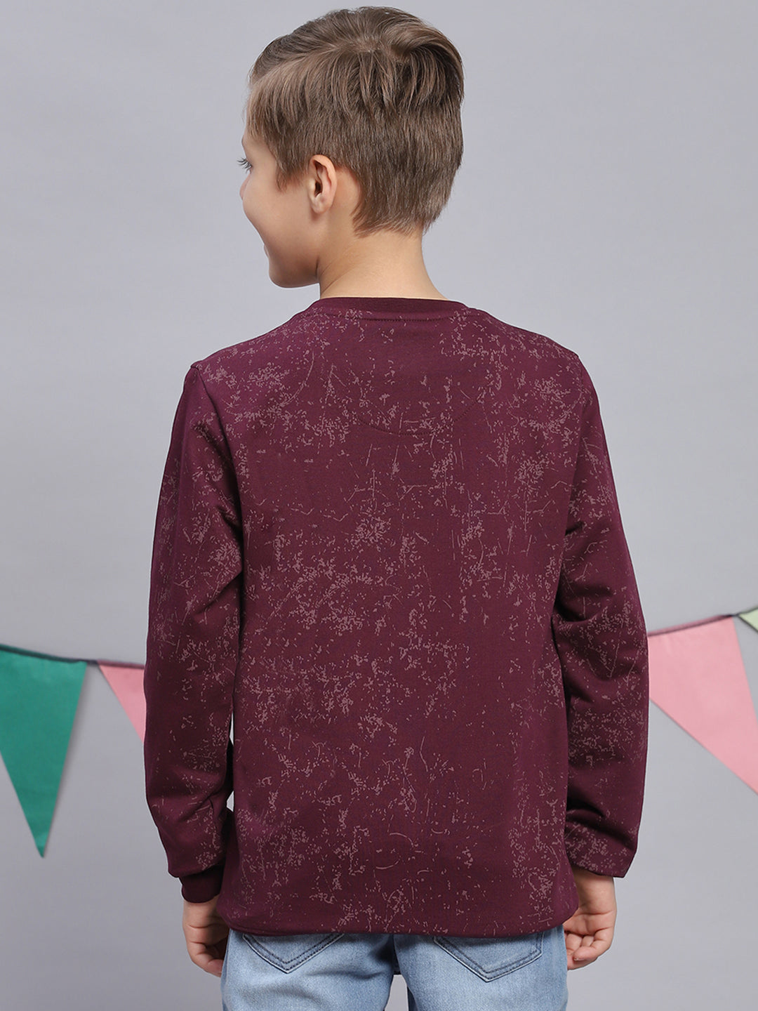 Boys Purple Printed Round Neck Full Sleeve Sweatshirt