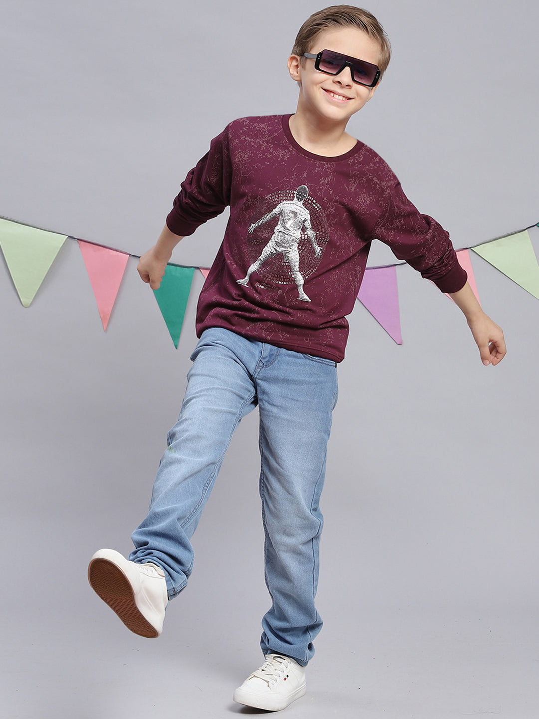 Boys Purple Printed Round Neck Full Sleeve Sweatshirt