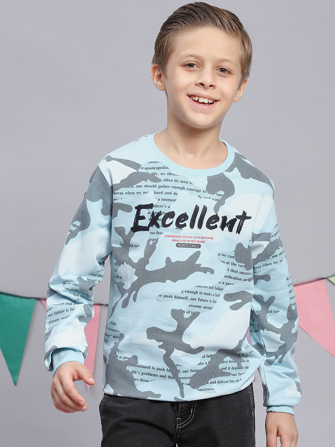 Boys Blue Printed Round Neck Full Sleeve Sweatshirt