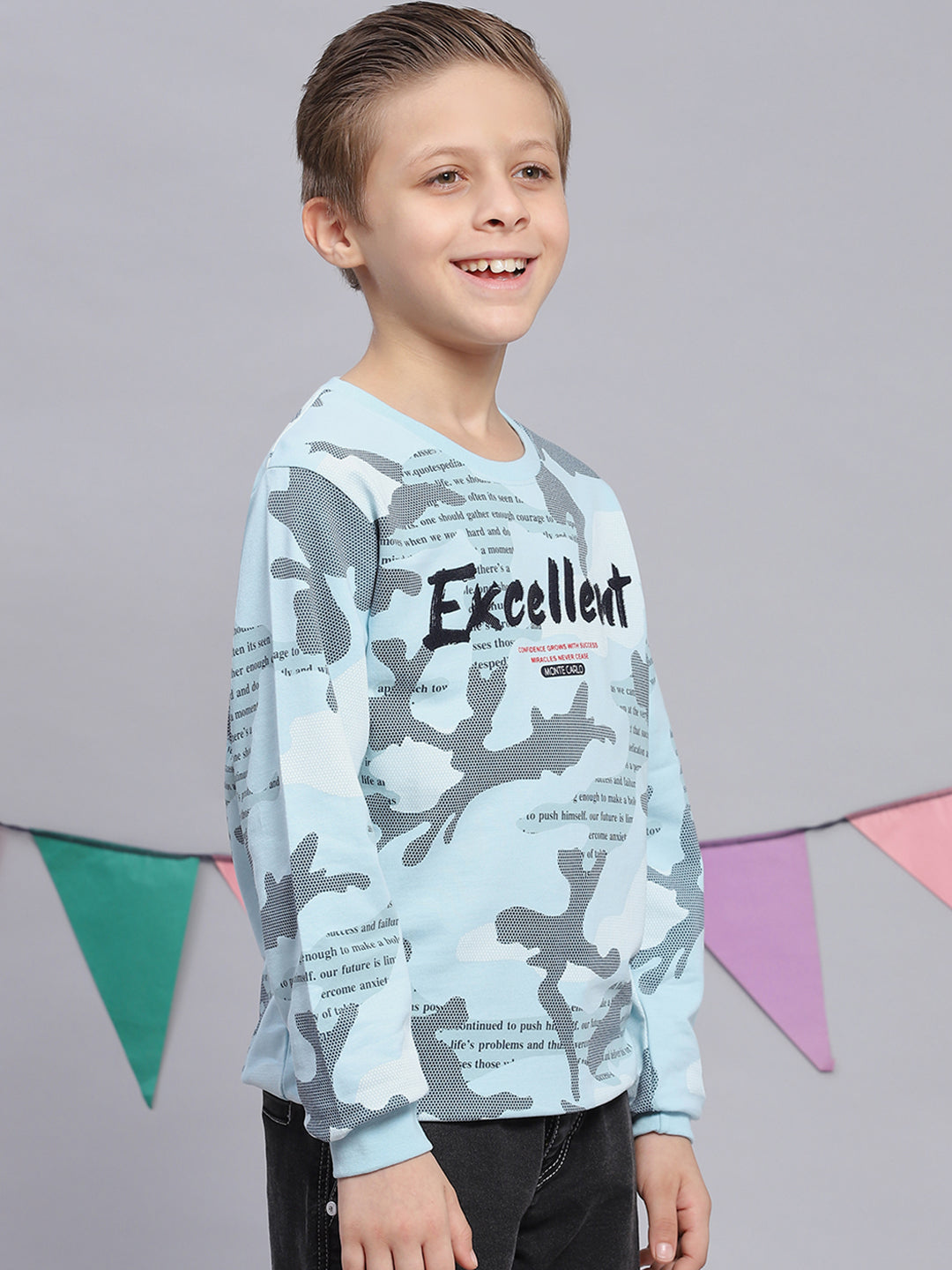 Boys Blue Printed Round Neck Full Sleeve Sweatshirt