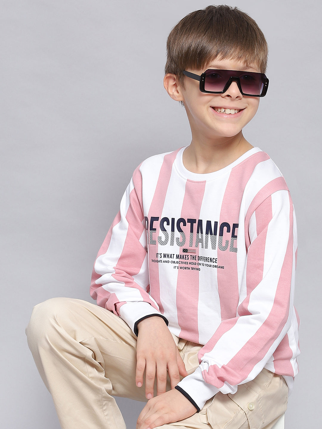 Boys Pink Stripe Round Neck Full Sleeve Sweatshirt