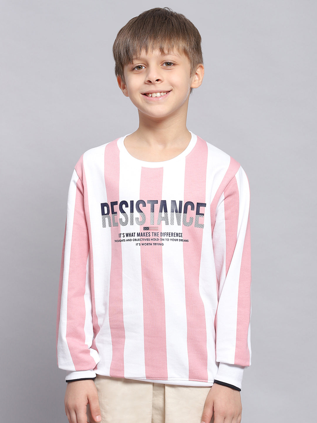 Boys Pink Stripe Round Neck Full Sleeve Sweatshirt