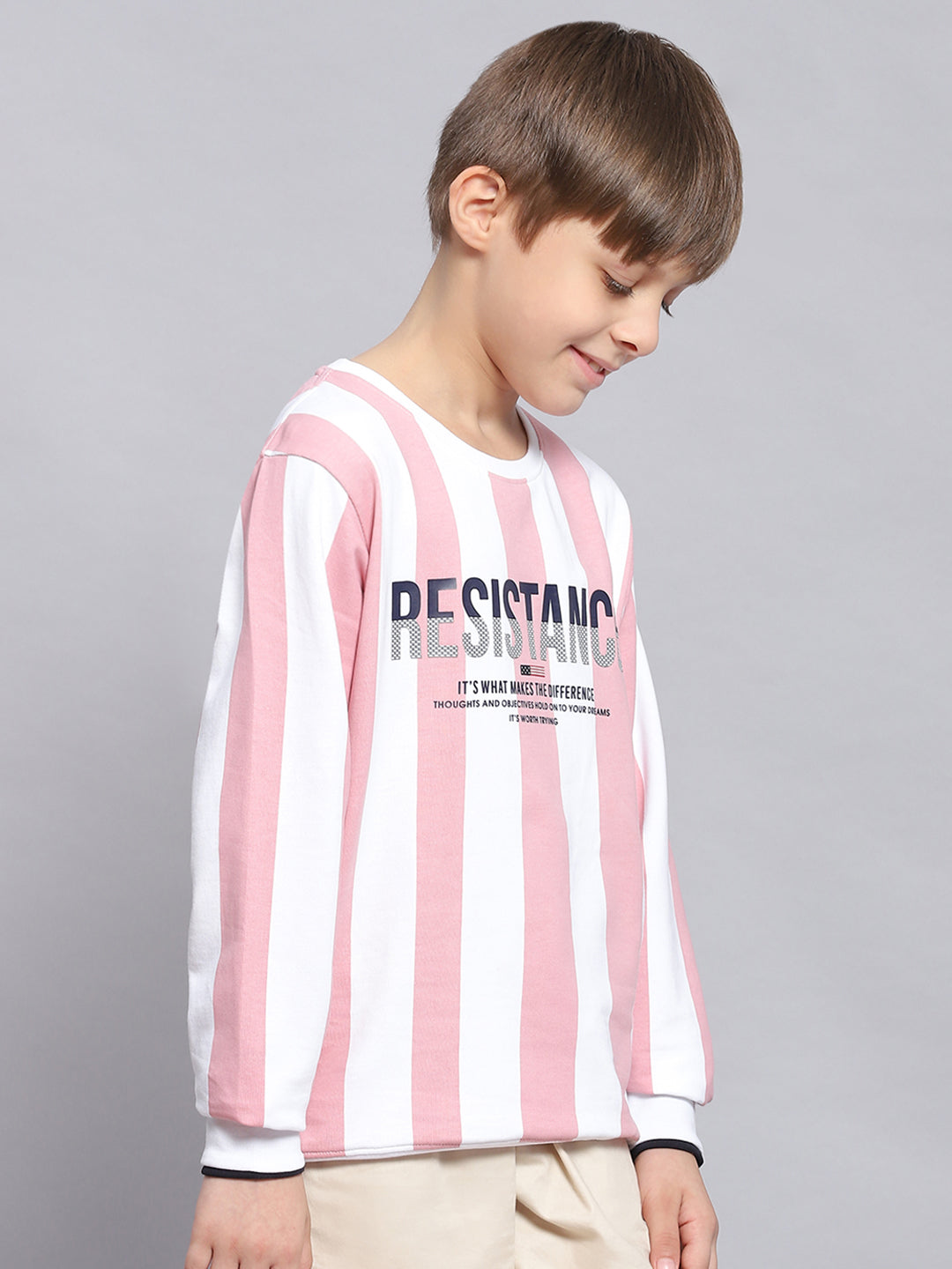 Boys Pink Stripe Round Neck Full Sleeve Sweatshirt