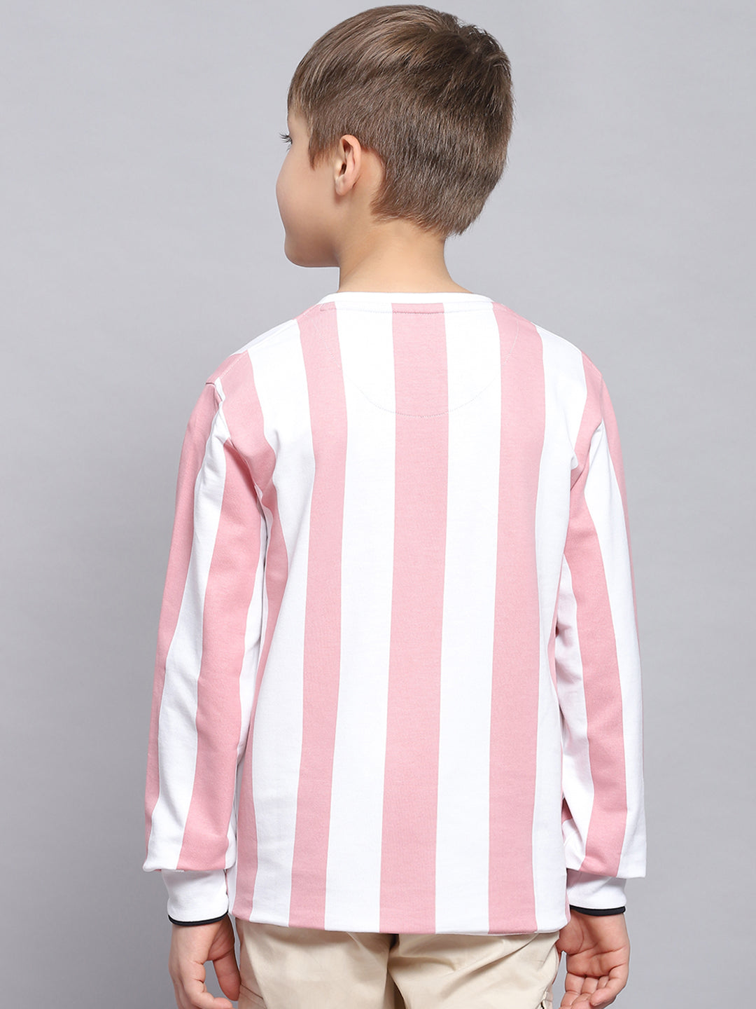 Boys Pink Stripe Round Neck Full Sleeve Sweatshirt