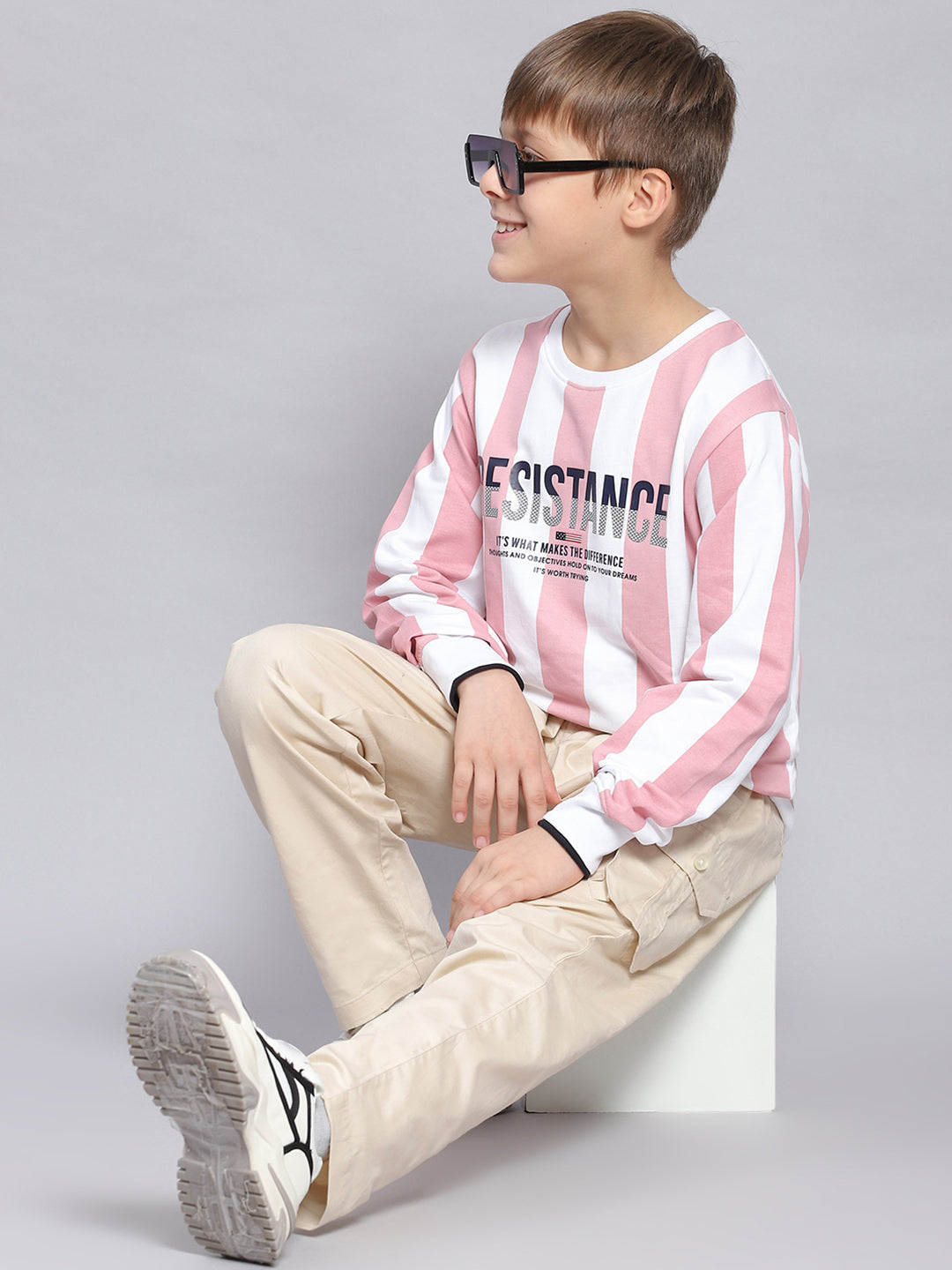 Boys Pink Stripe Round Neck Full Sleeve Sweatshirt