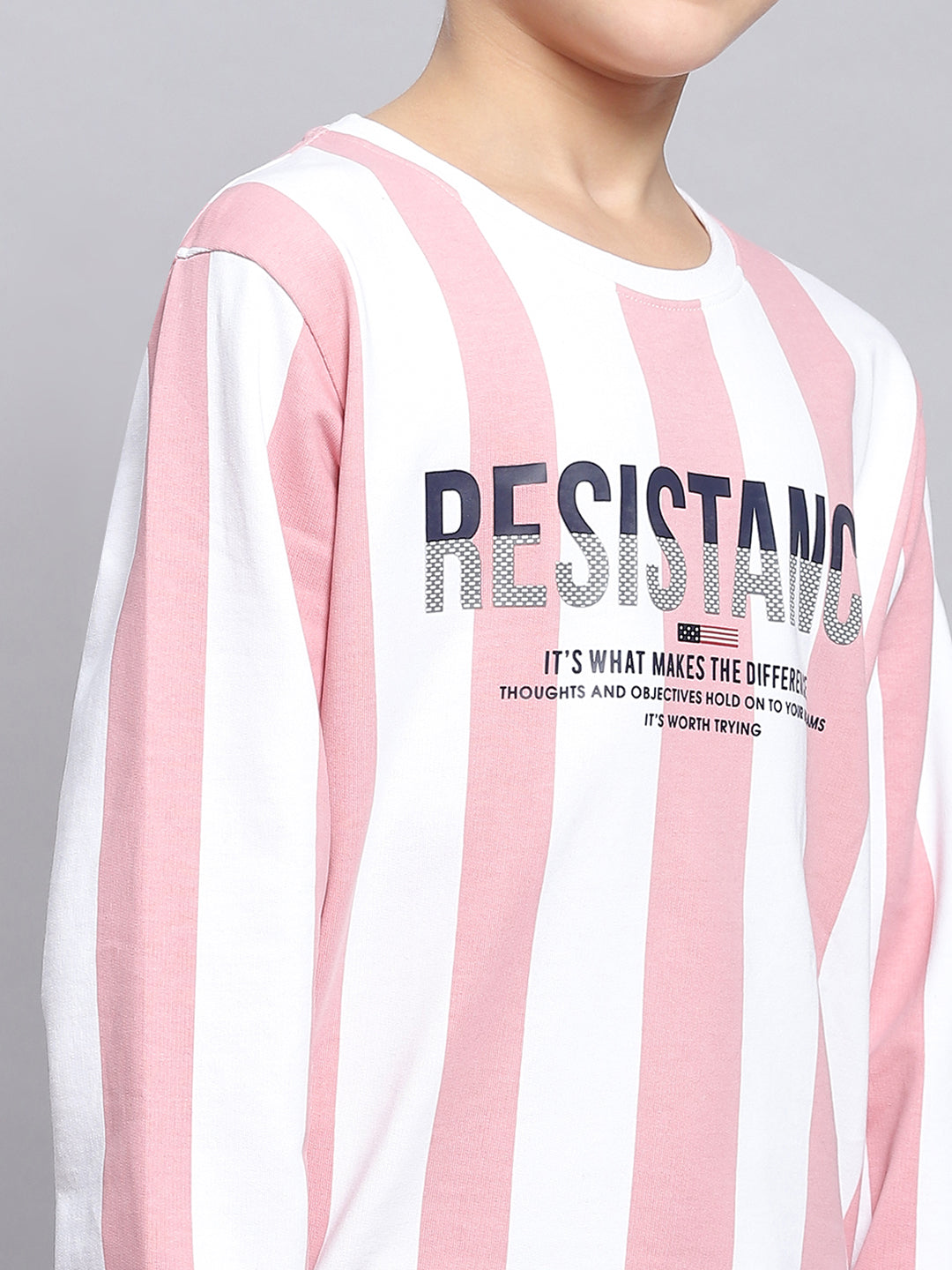 Boys Pink Stripe Round Neck Full Sleeve Sweatshirt