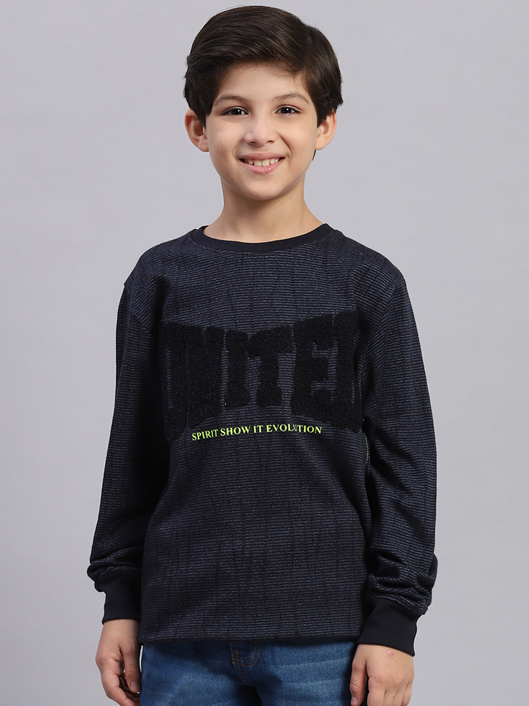 Boys Blue Self Design Round Neck Full Sleeve Sweatshirt