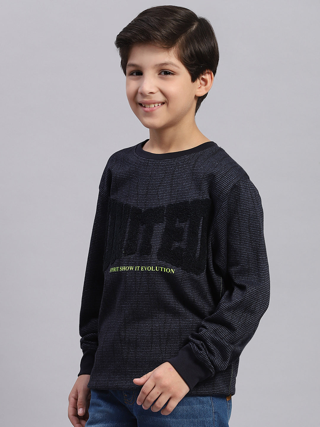 Boys Blue Self Design Round Neck Full Sleeve Sweatshirt