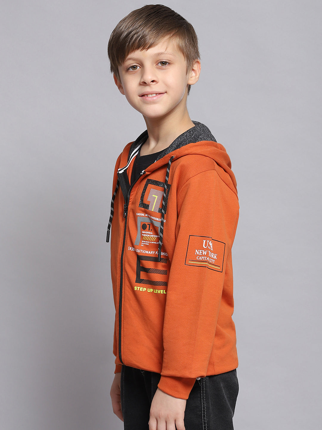 Boys Rust Printed Hooded Full Sleeve Sweatshirt