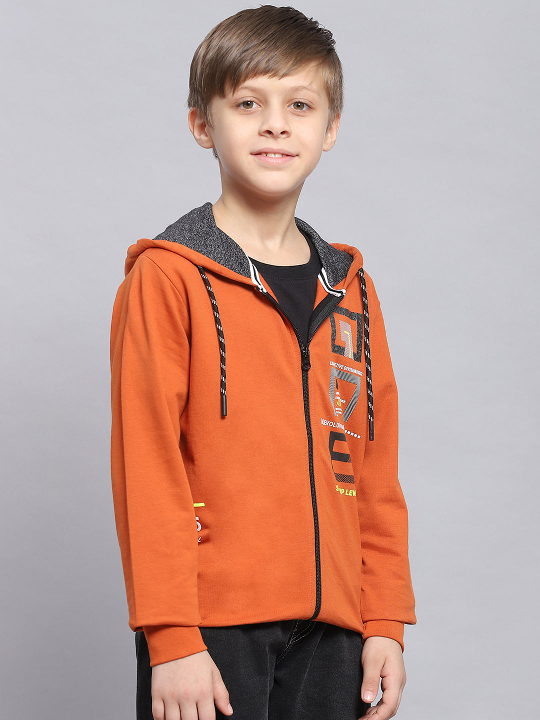 Boys Rust Printed Hooded Full Sleeve Sweatshirt