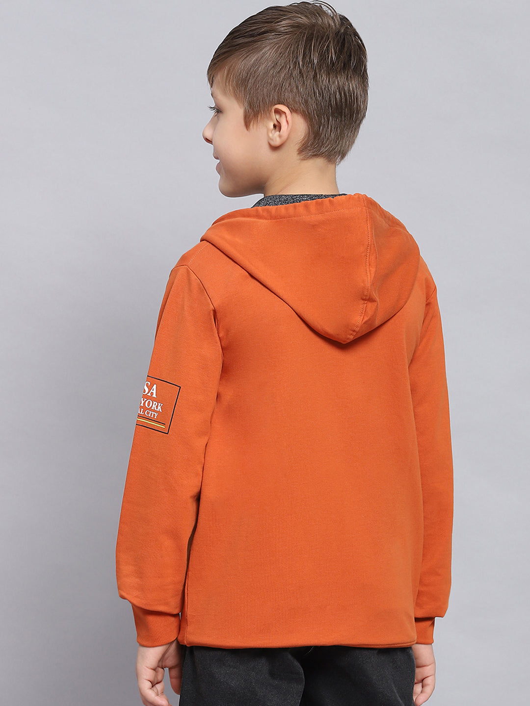 Boys Rust Printed Hooded Full Sleeve Sweatshirt