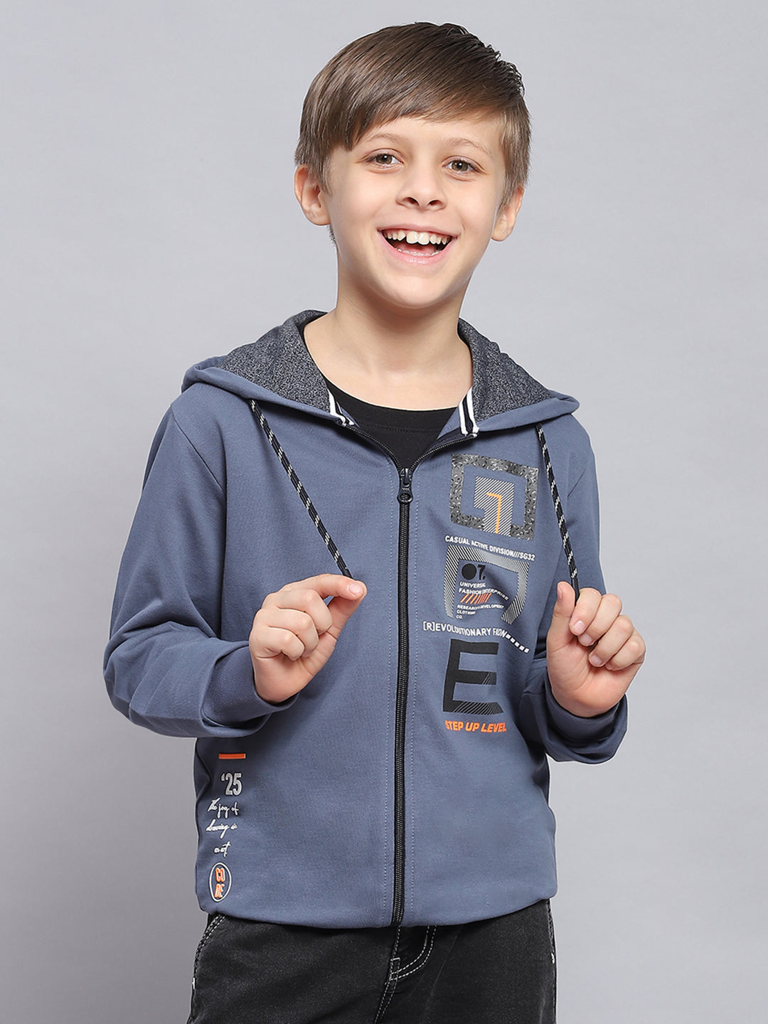 Boys Blue Printed Hooded Full Sleeve Sweatshirt