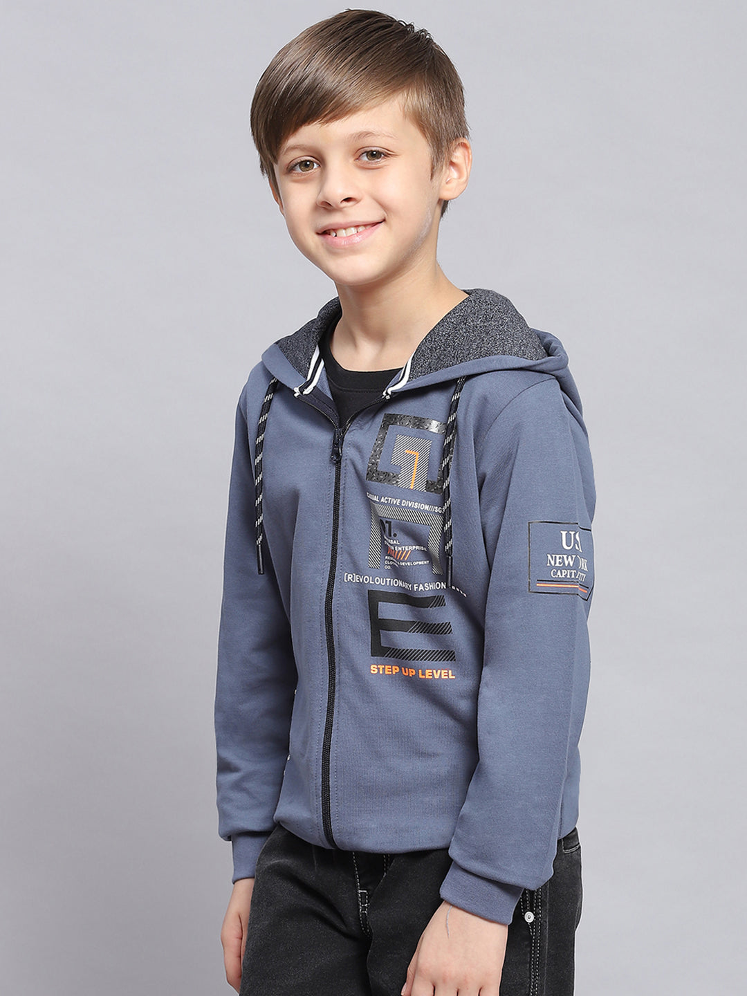 Boys Blue Printed Hooded Full Sleeve Sweatshirt