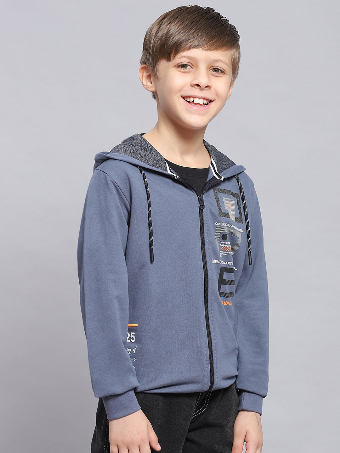 Boys Blue Printed Hooded Full Sleeve Sweatshirt