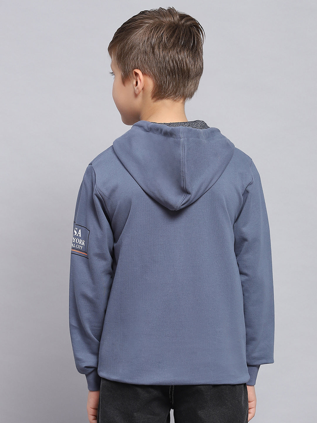 Boys Blue Printed Hooded Full Sleeve Sweatshirt