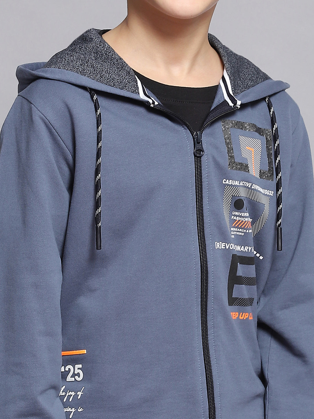 Boys Blue Printed Hooded Full Sleeve Sweatshirt