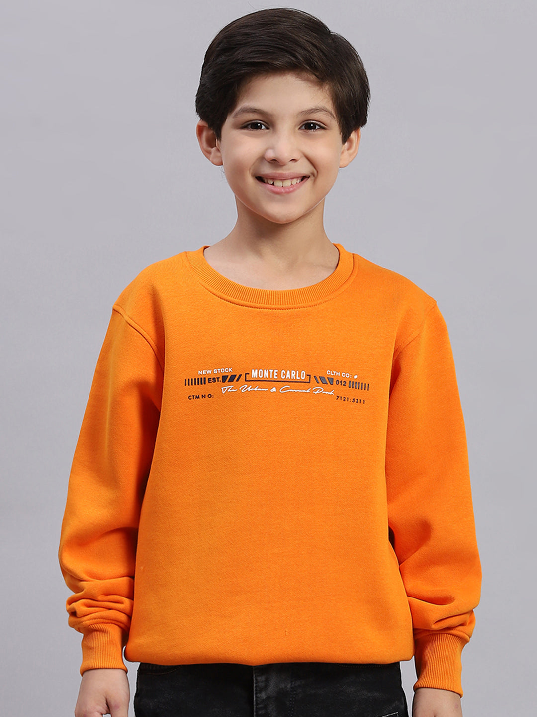 Boys Orange Printed Round Neck Full Sleeve Sweatshirt