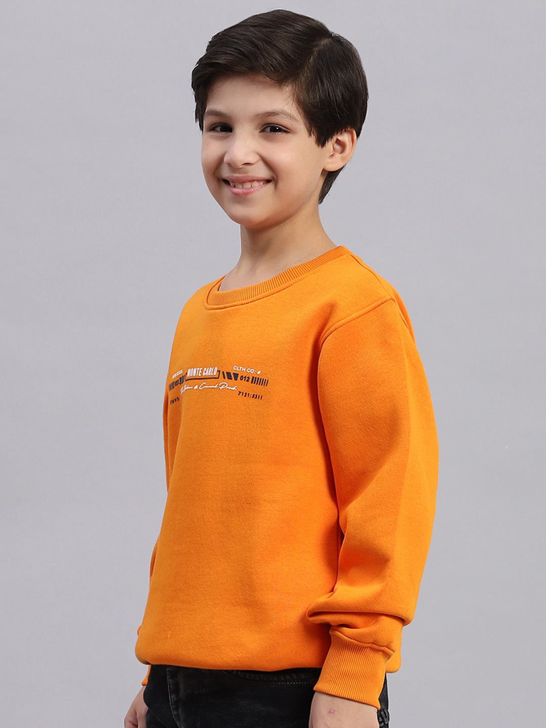 Boys Orange Printed Round Neck Full Sleeve Sweatshirt