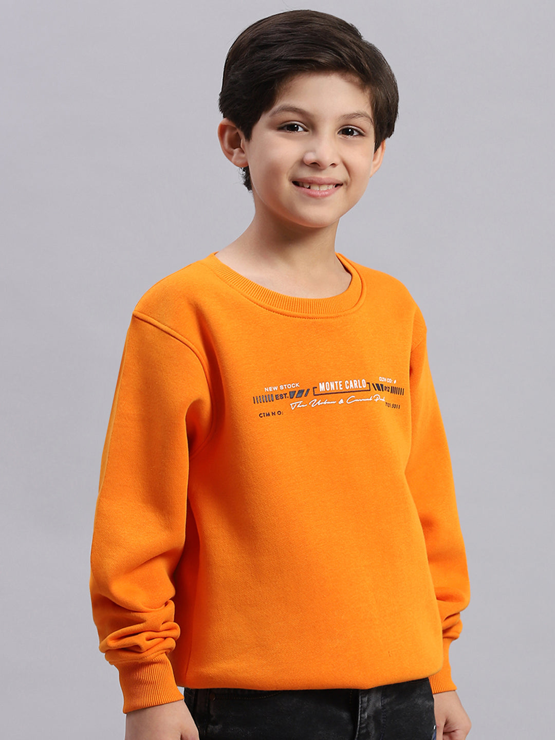 Boys Orange Printed Round Neck Full Sleeve Sweatshirt