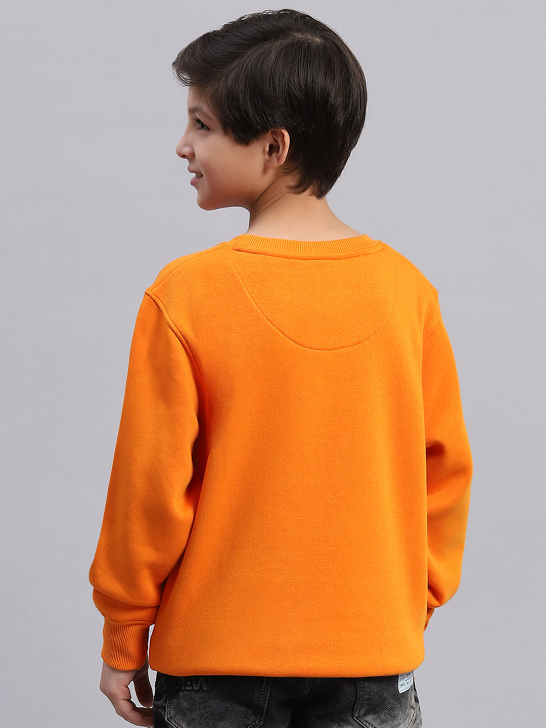 Boys Orange Printed Round Neck Full Sleeve Sweatshirt