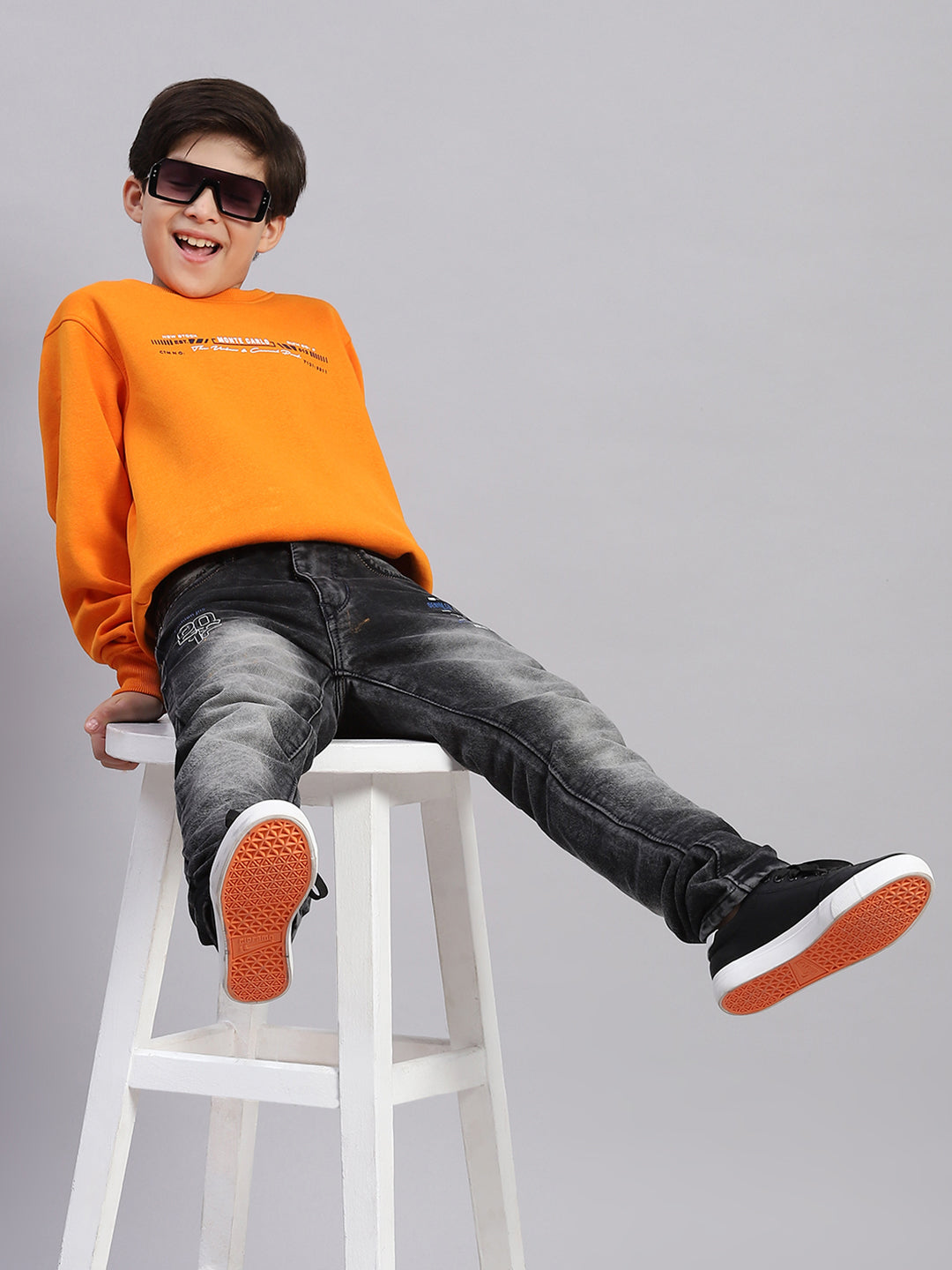 Boys Orange Printed Round Neck Full Sleeve Sweatshirt