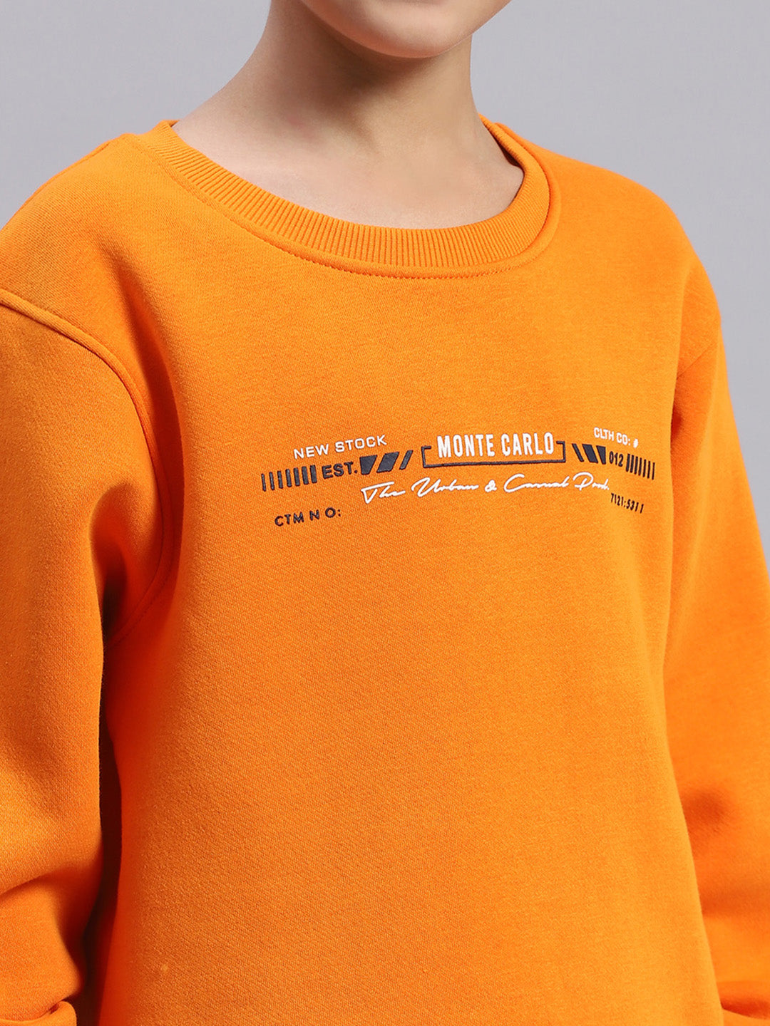 Boys Orange Printed Round Neck Full Sleeve Sweatshirt