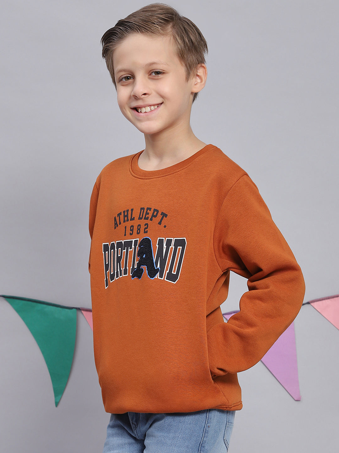 Boys Brown Printed Round Neck Full Sleeve Sweatshirt