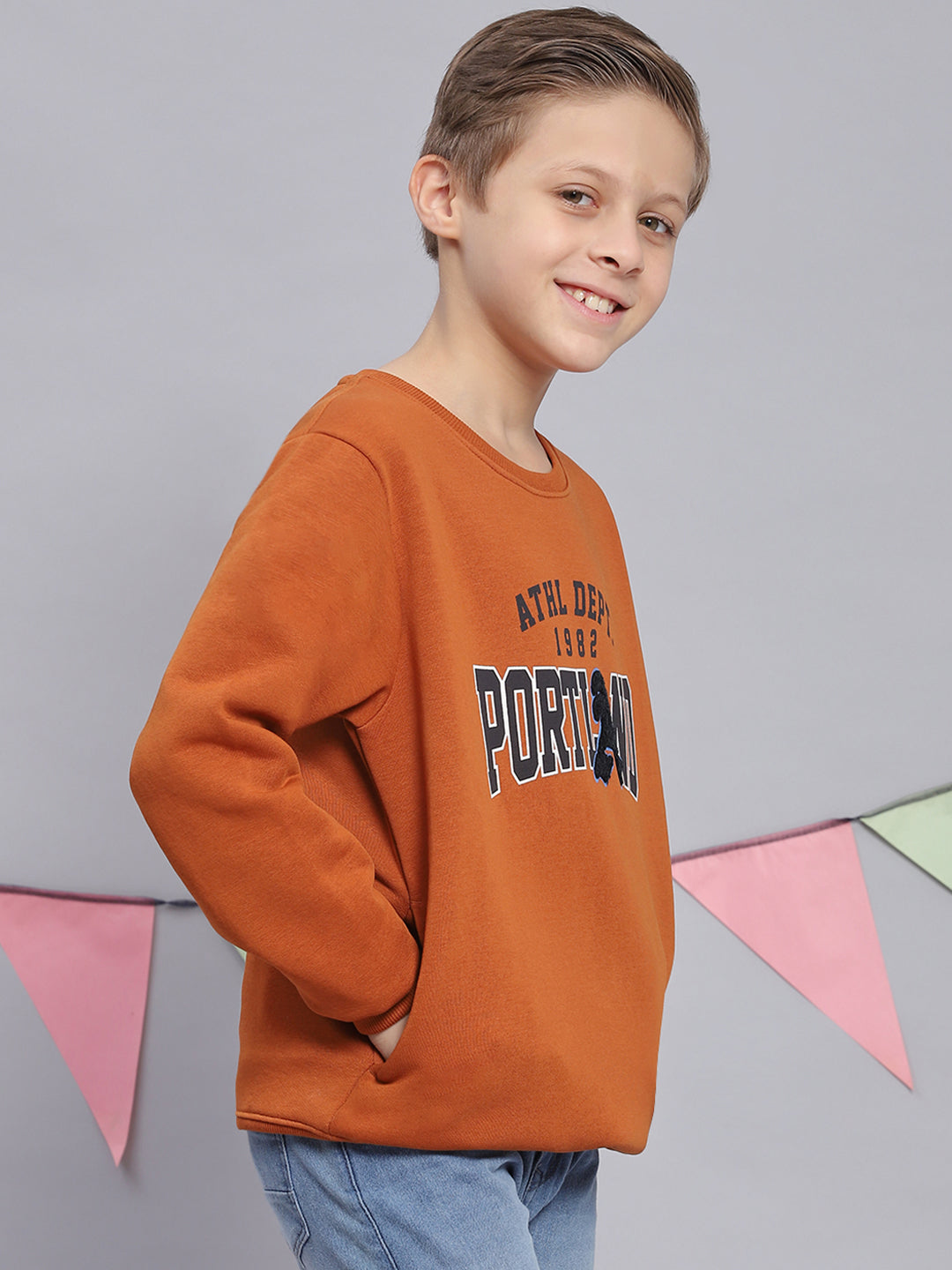 Boys Brown Printed Round Neck Full Sleeve Sweatshirt