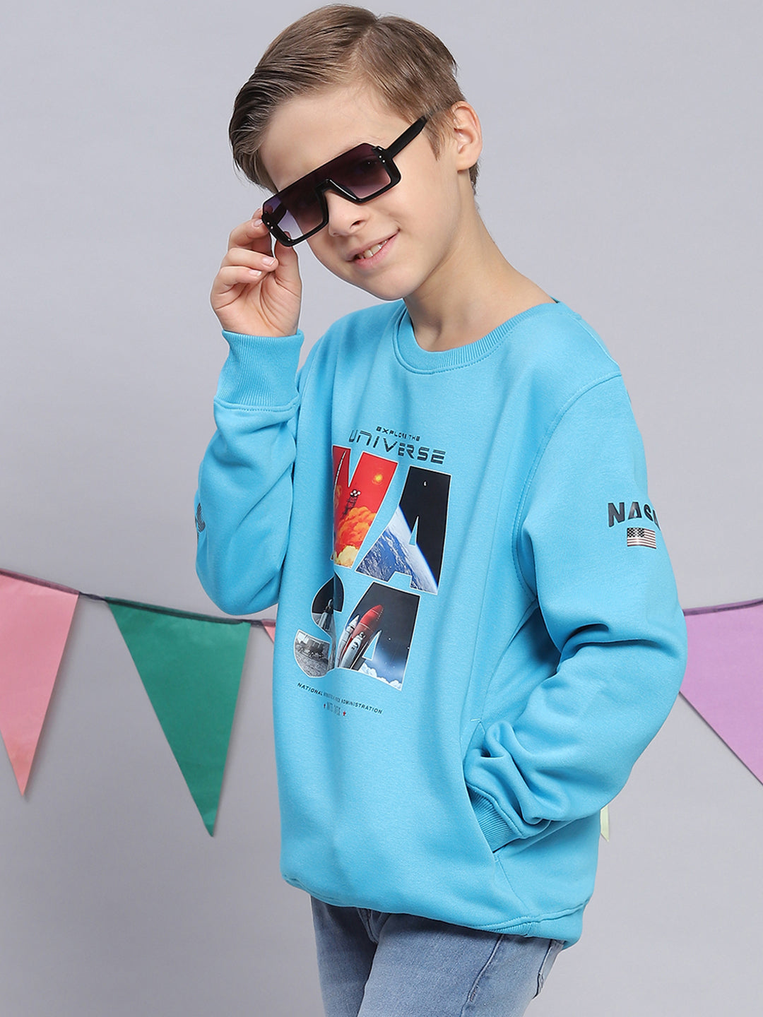 Boys Turquoise Blue Printed Round Neck Full Sleeve Sweatshirt