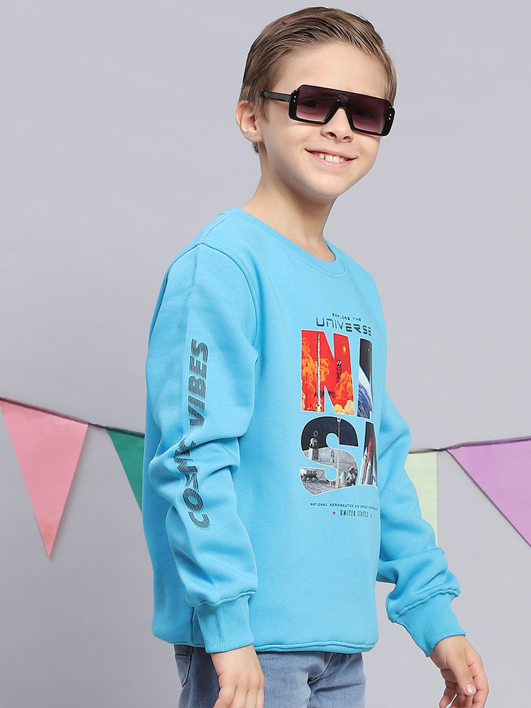 Boys Turquoise Blue Printed Round Neck Full Sleeve Sweatshirt