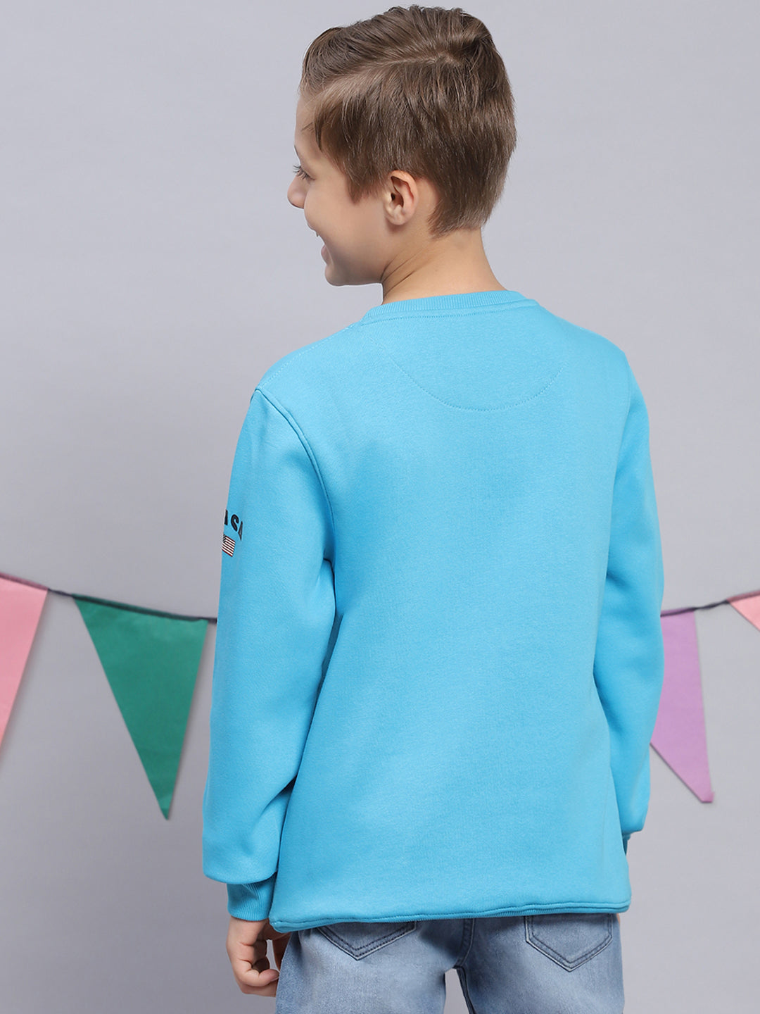 Boys Turquoise Blue Printed Round Neck Full Sleeve Sweatshirt