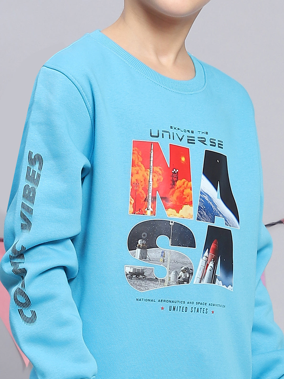 Boys Turquoise Blue Printed Round Neck Full Sleeve Sweatshirt