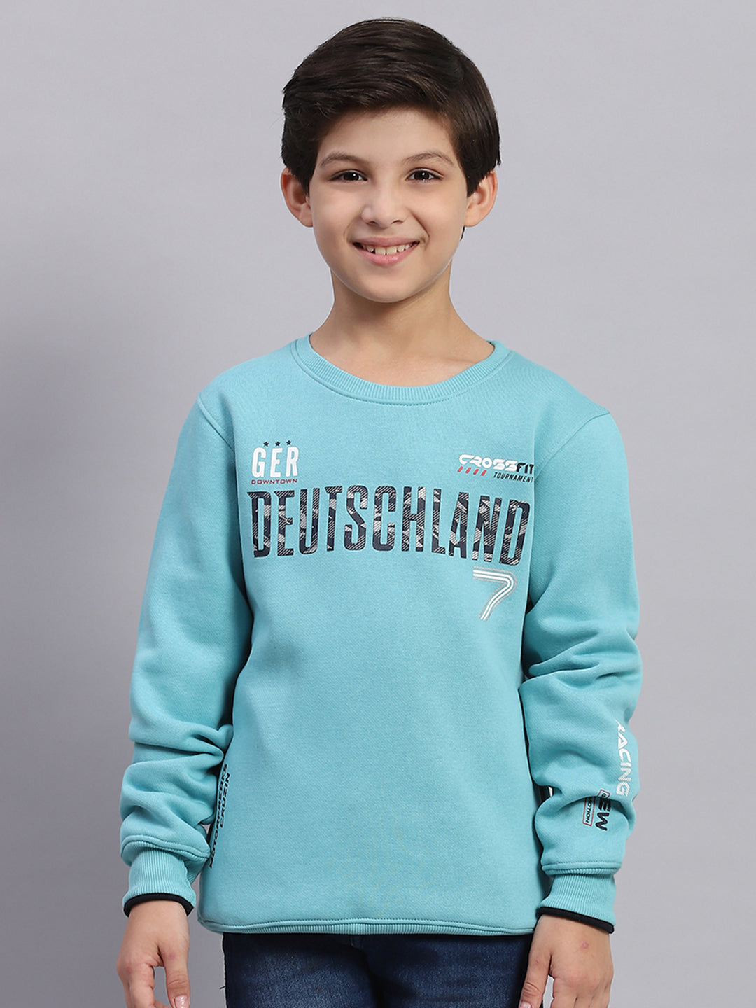 Boys Blue Printed Round Neck Full Sleeve Sweatshirt