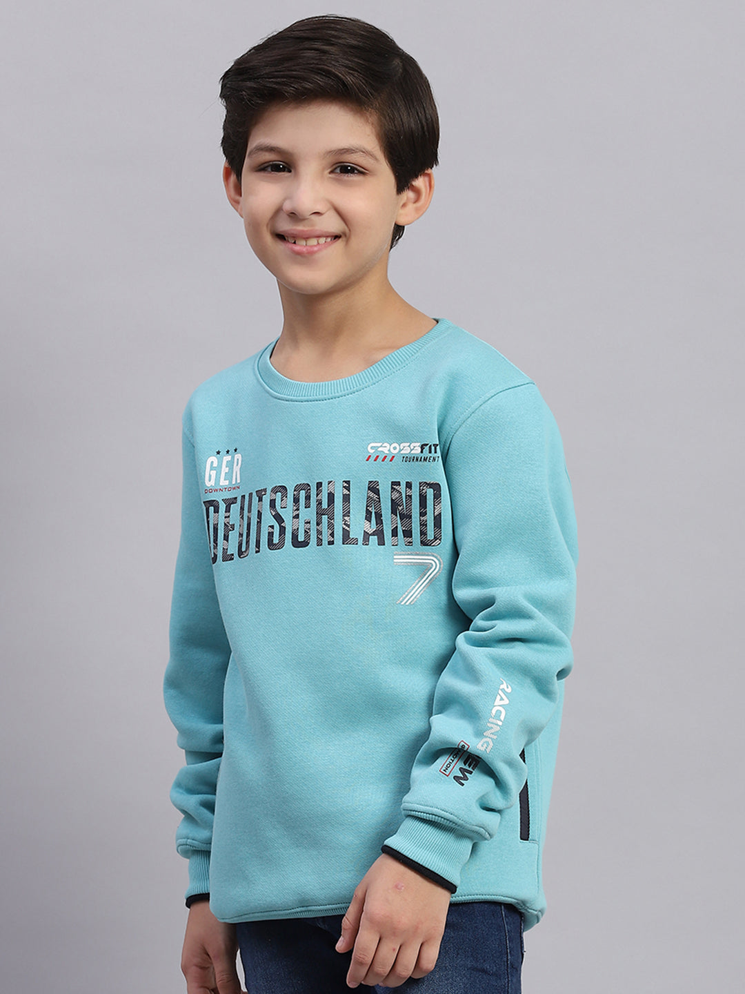 Boys Blue Printed Round Neck Full Sleeve Sweatshirt