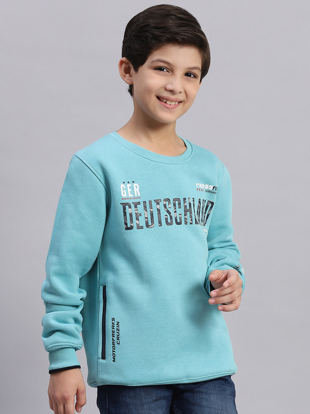 Boys Blue Printed Round Neck Full Sleeve Sweatshirt