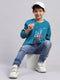 Boys Teal Blue Printed Round Neck Full Sleeve Sweatshirt