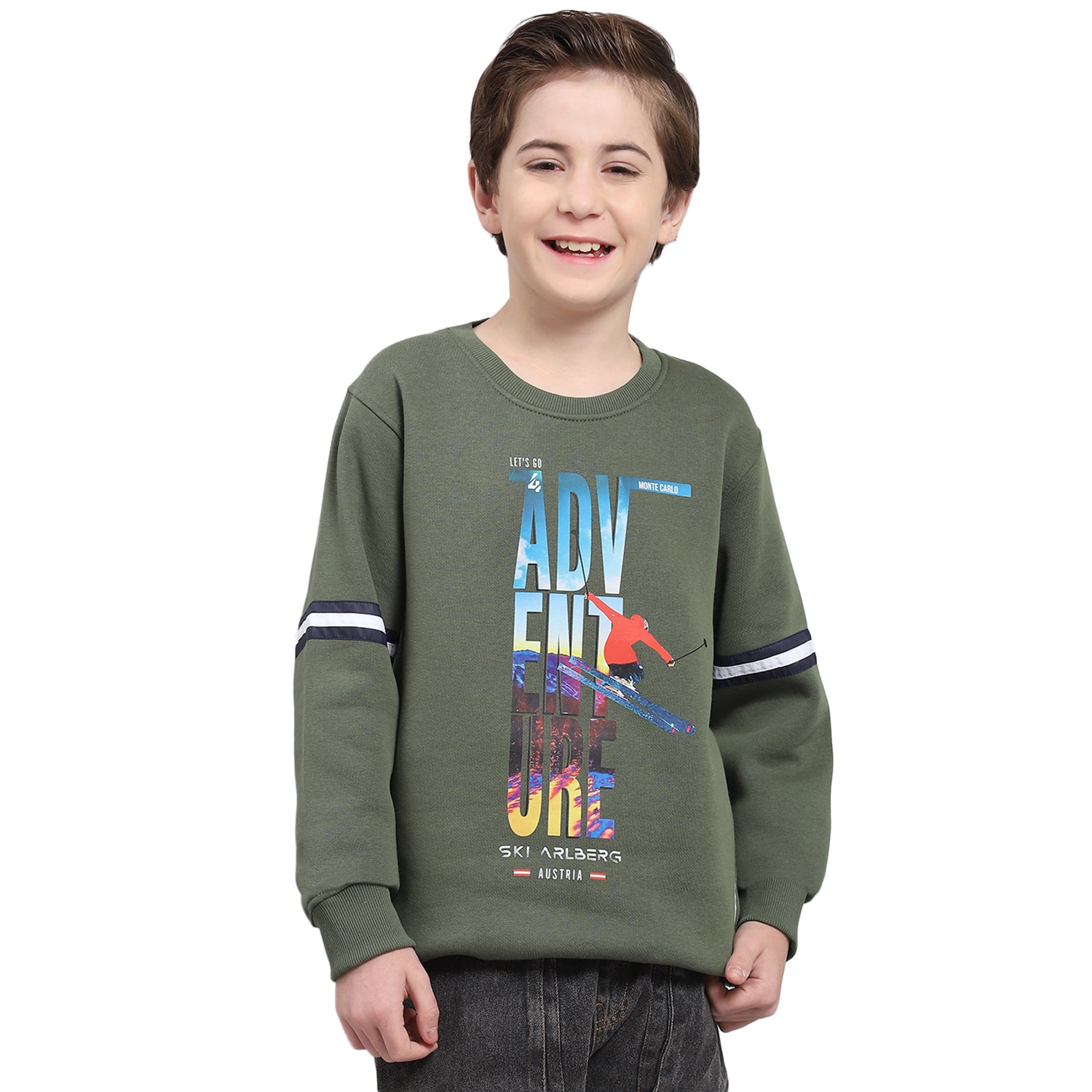 Boys Olive Printed Round Neck Full Sleeve Sweatshirt