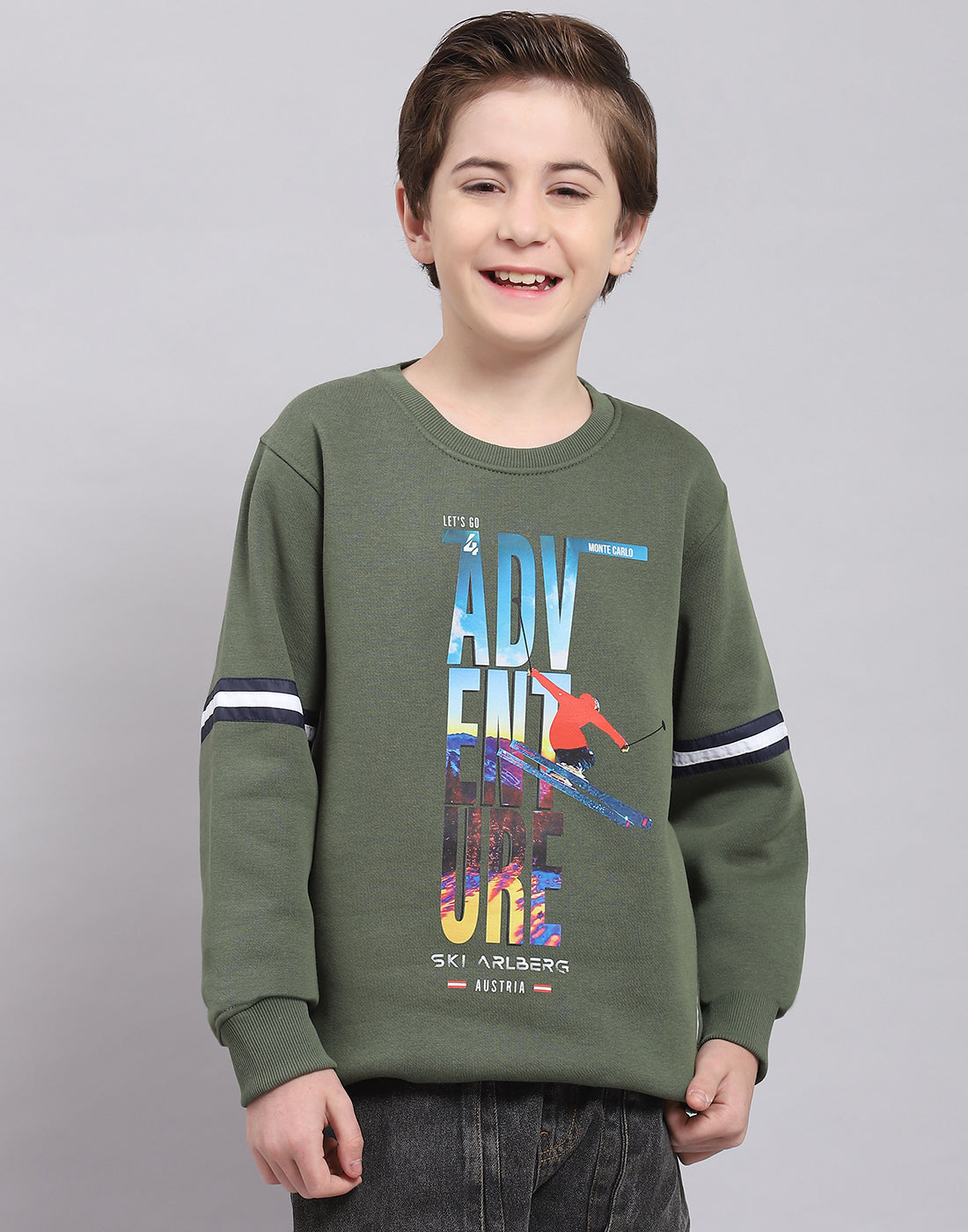 Boys Olive Printed Round Neck Full Sleeve Sweatshirt