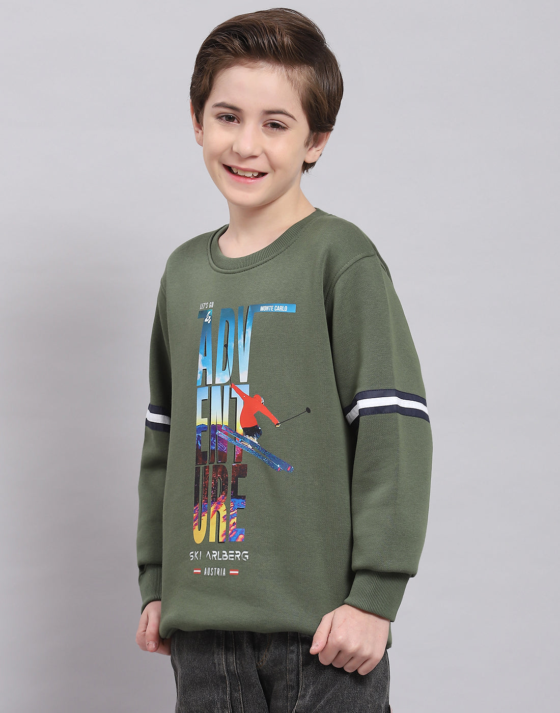 Boys Olive Printed Round Neck Full Sleeve Sweatshirt