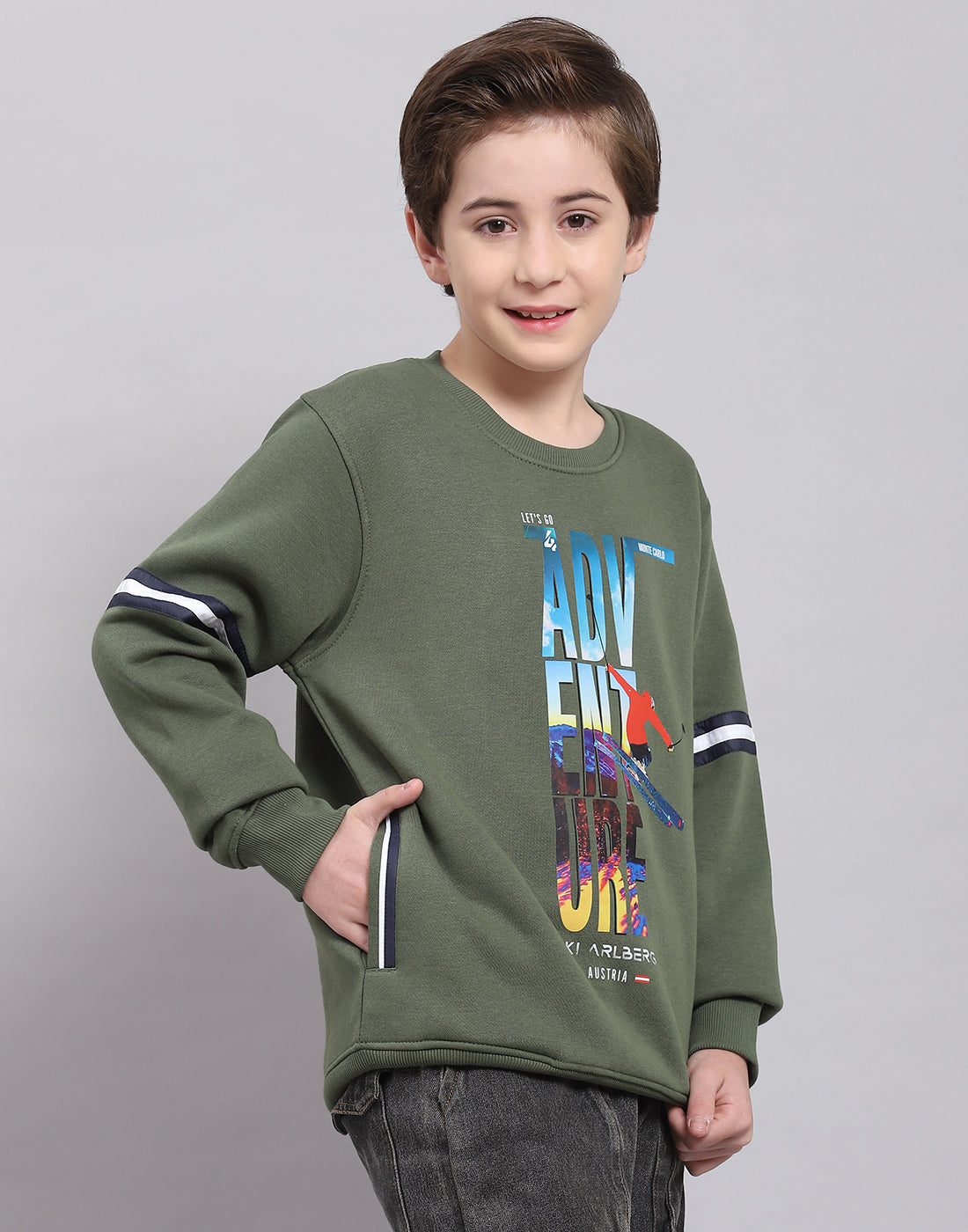 Boys Olive Printed Round Neck Full Sleeve Sweatshirt