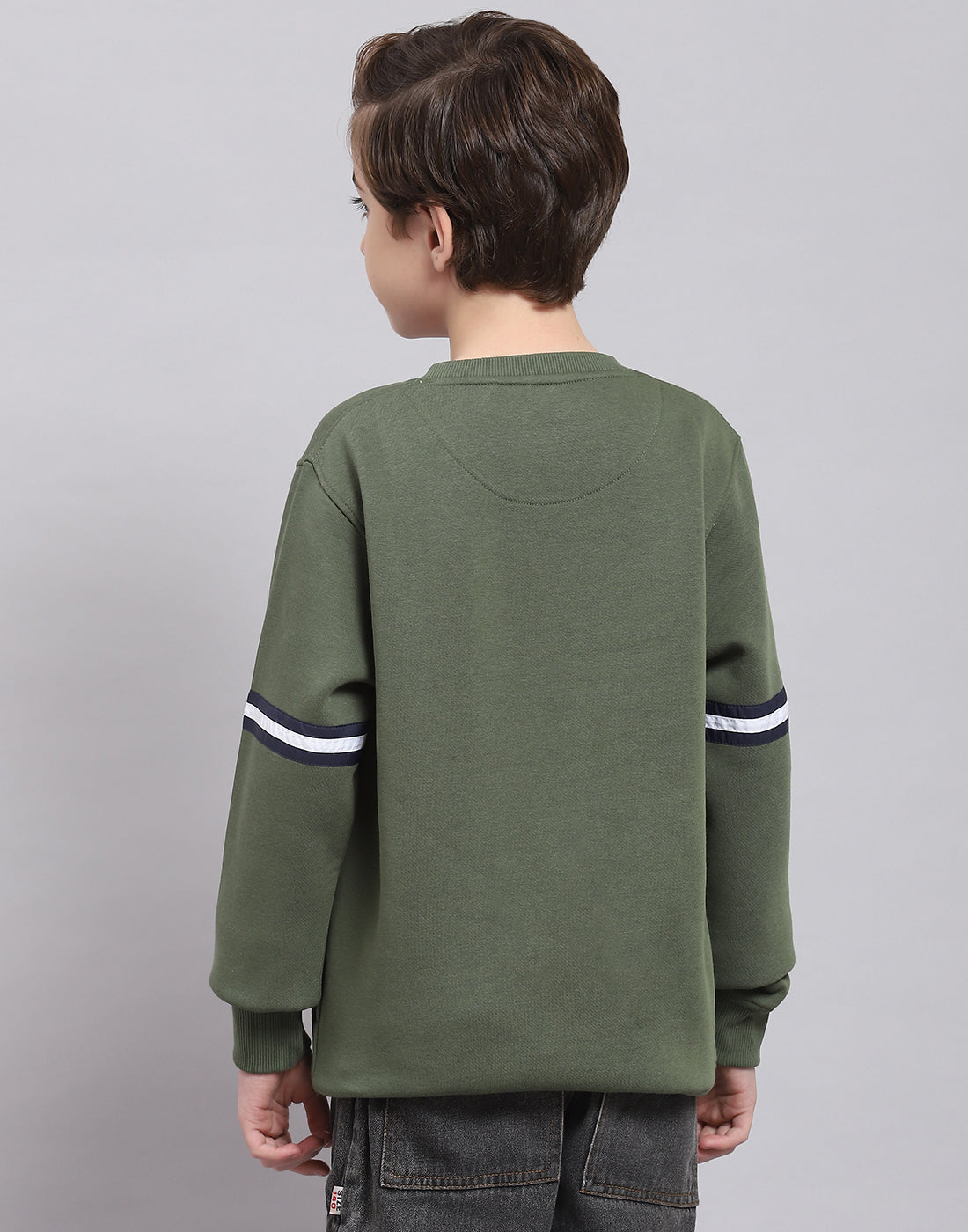 Boys Olive Printed Round Neck Full Sleeve Sweatshirt