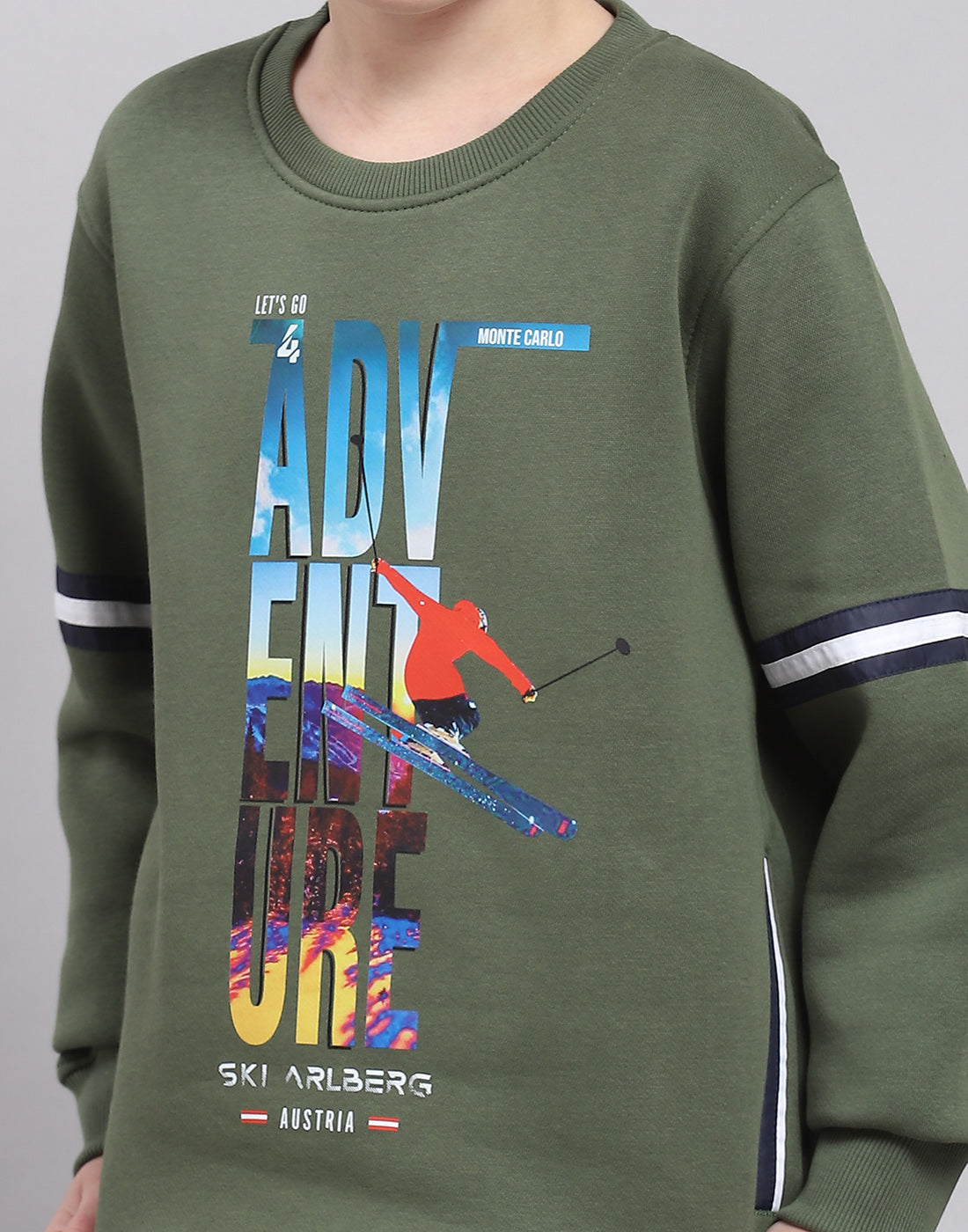 Boys Olive Printed Round Neck Full Sleeve Sweatshirt