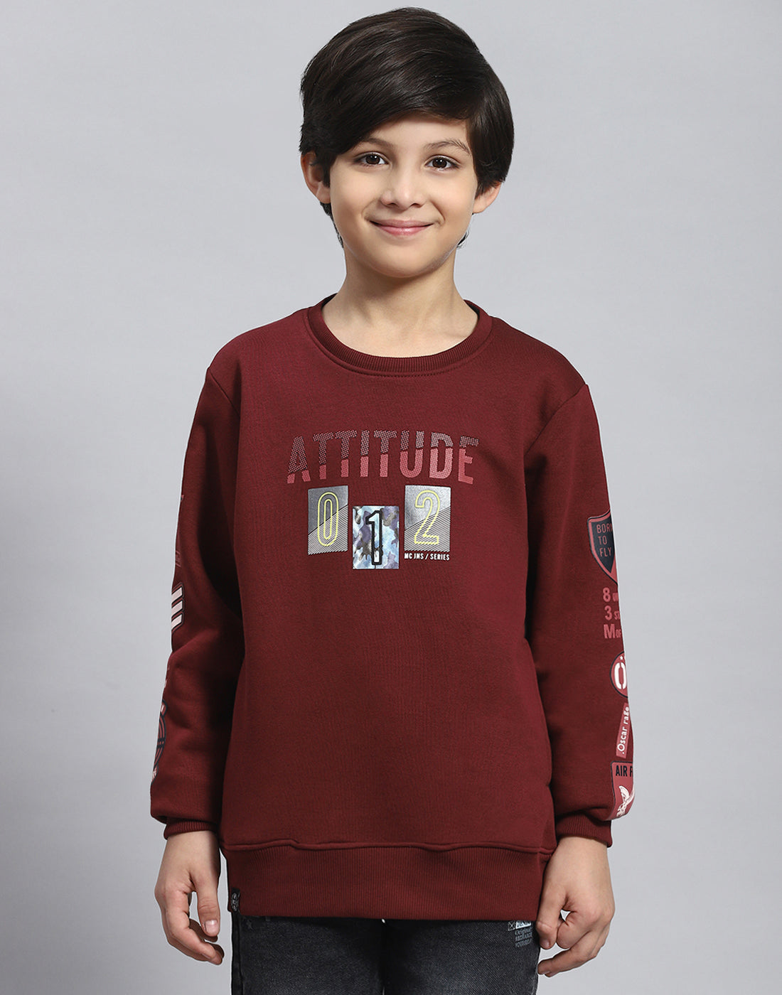 Boys Maroon Printed Round Neck Full Sleeve Sweatshirt