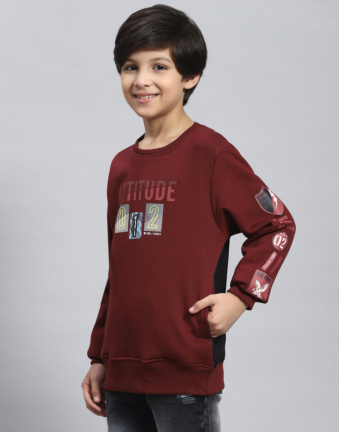 Boys Maroon Printed Round Neck Full Sleeve Sweatshirt