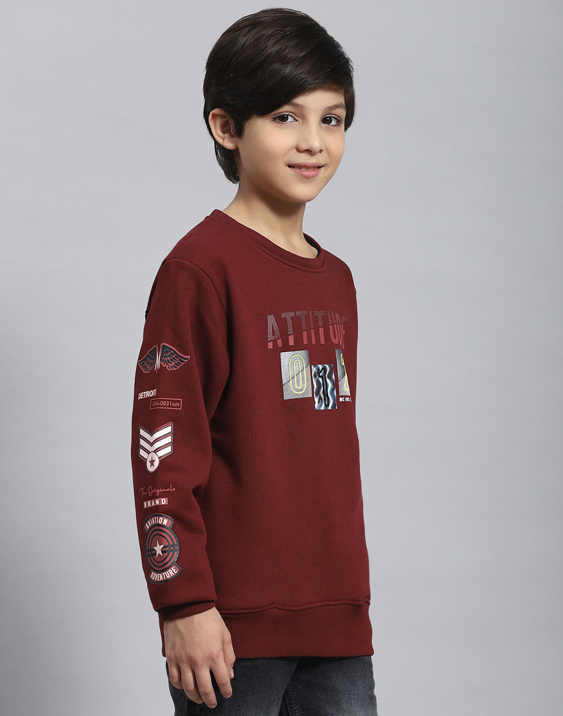 Boys Maroon Printed Round Neck Full Sleeve Sweatshirt