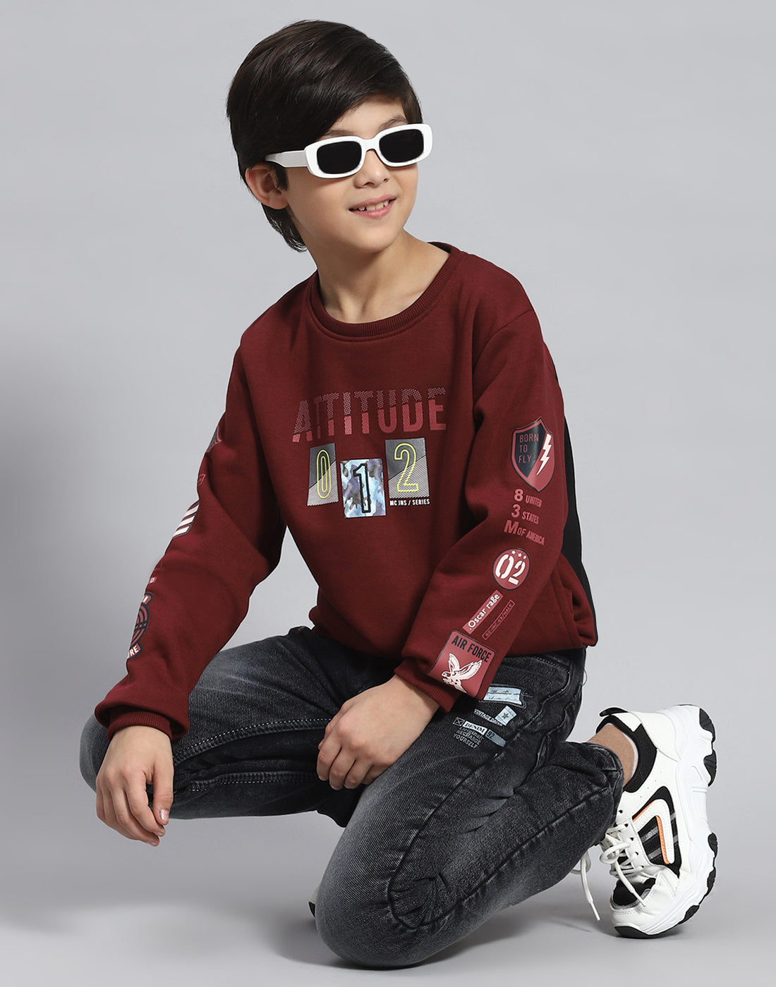 Boys Maroon Printed Round Neck Full Sleeve Sweatshirt