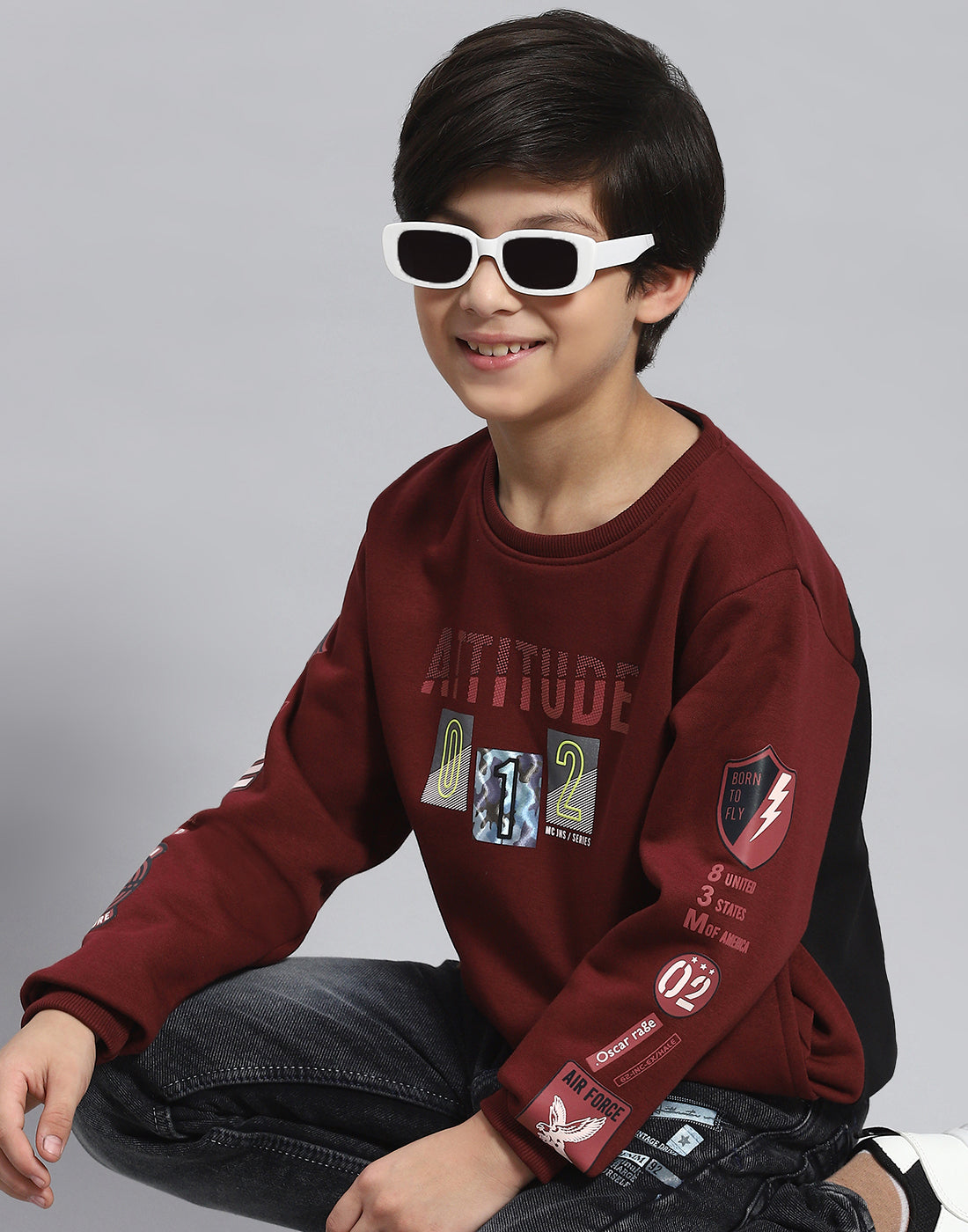 Boys Maroon Printed Round Neck Full Sleeve Sweatshirt