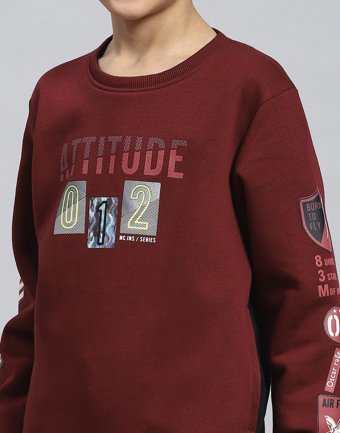 Boys Maroon Printed Round Neck Full Sleeve Sweatshirt